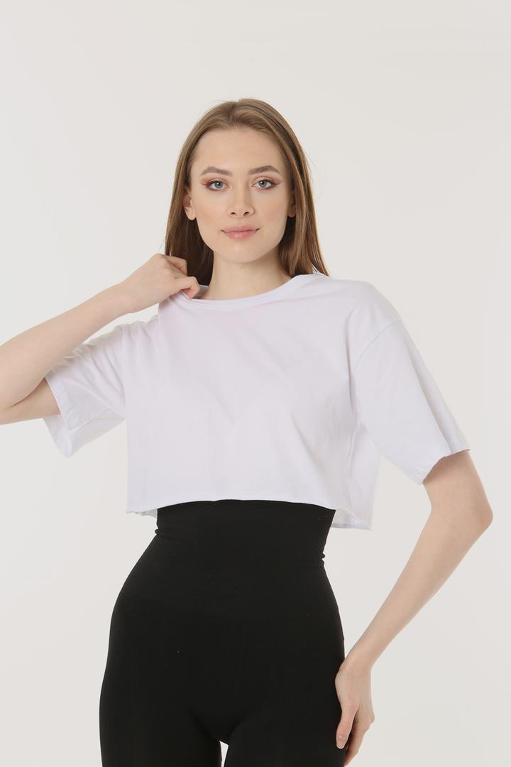 Ecrou Kadın Beyaz Basic Kesik Uç Oversize Crop Tshirt