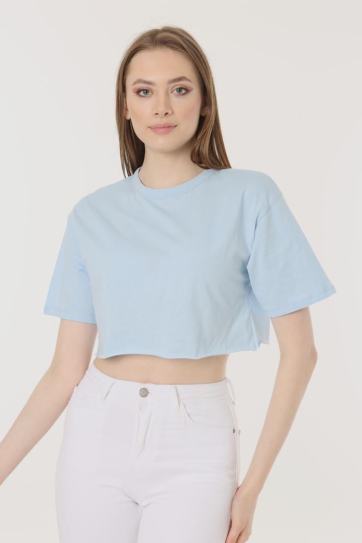 Ecrou Kadın Bebek Mavi Basic Kesik Uç Oversize Crop Tshirt