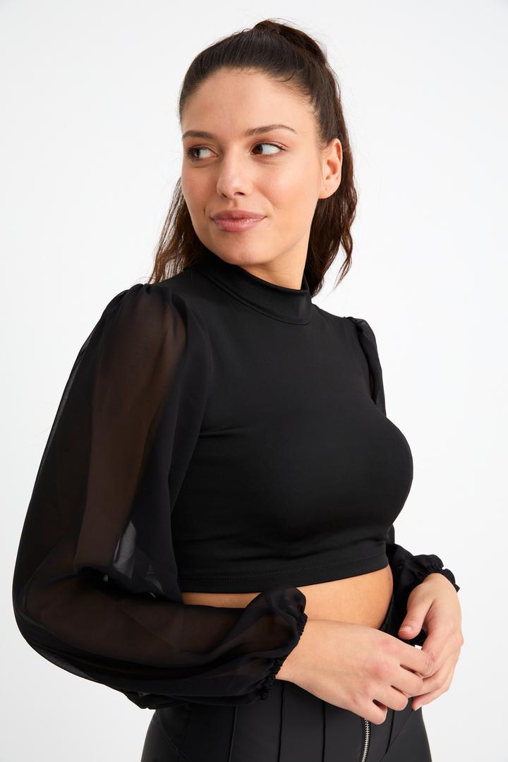 Ecrou Kadın Siyah Kolları Tül Ve Balon Detay Crop Bluz