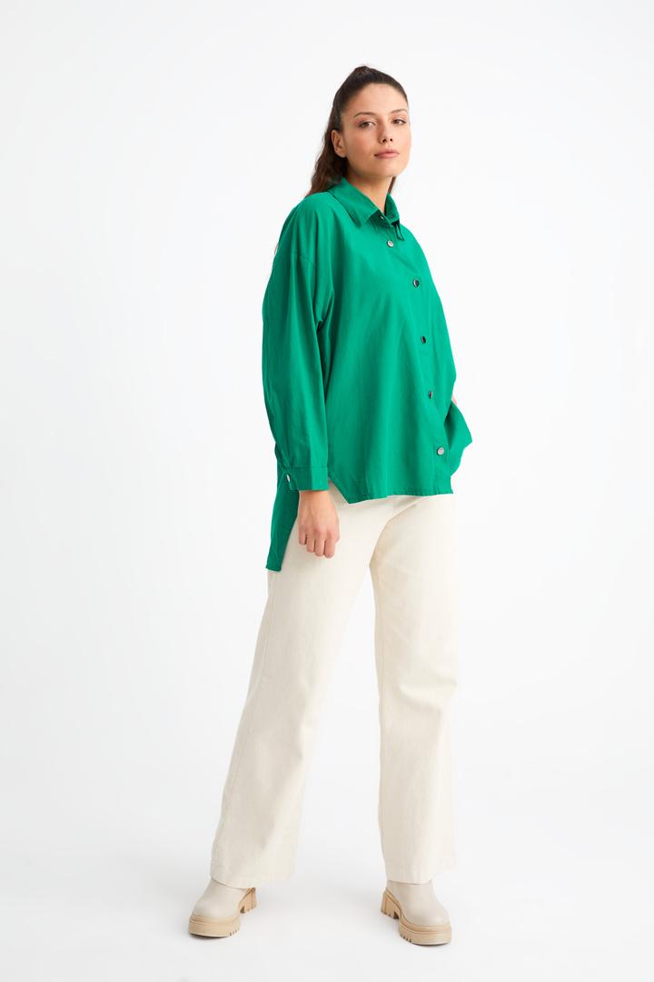 Ecrou Kadın Yeşil Yanı Düğme Detay Oversize Gömlek