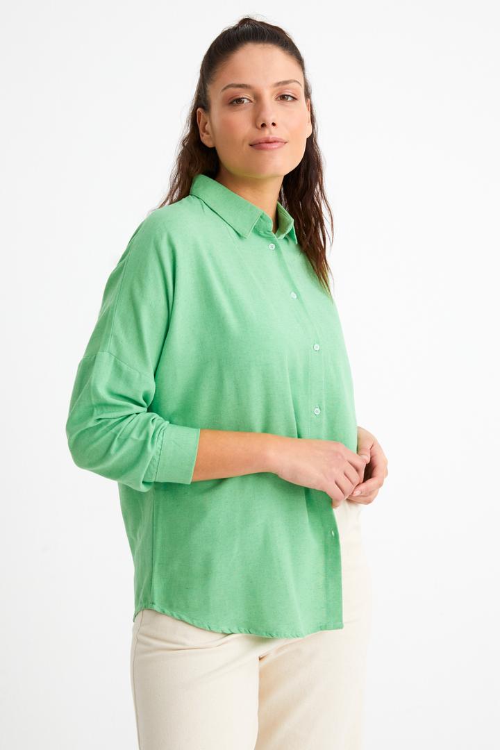 Ecrou Kadın Yeşil Oversize Basic Keten Gömlek