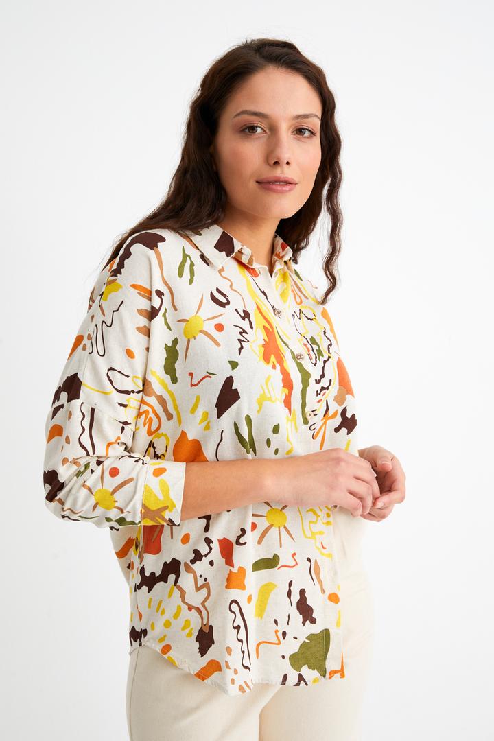 Ecrou Kadın Oranj Soyut Desenli Oversize Keten Gömlek
