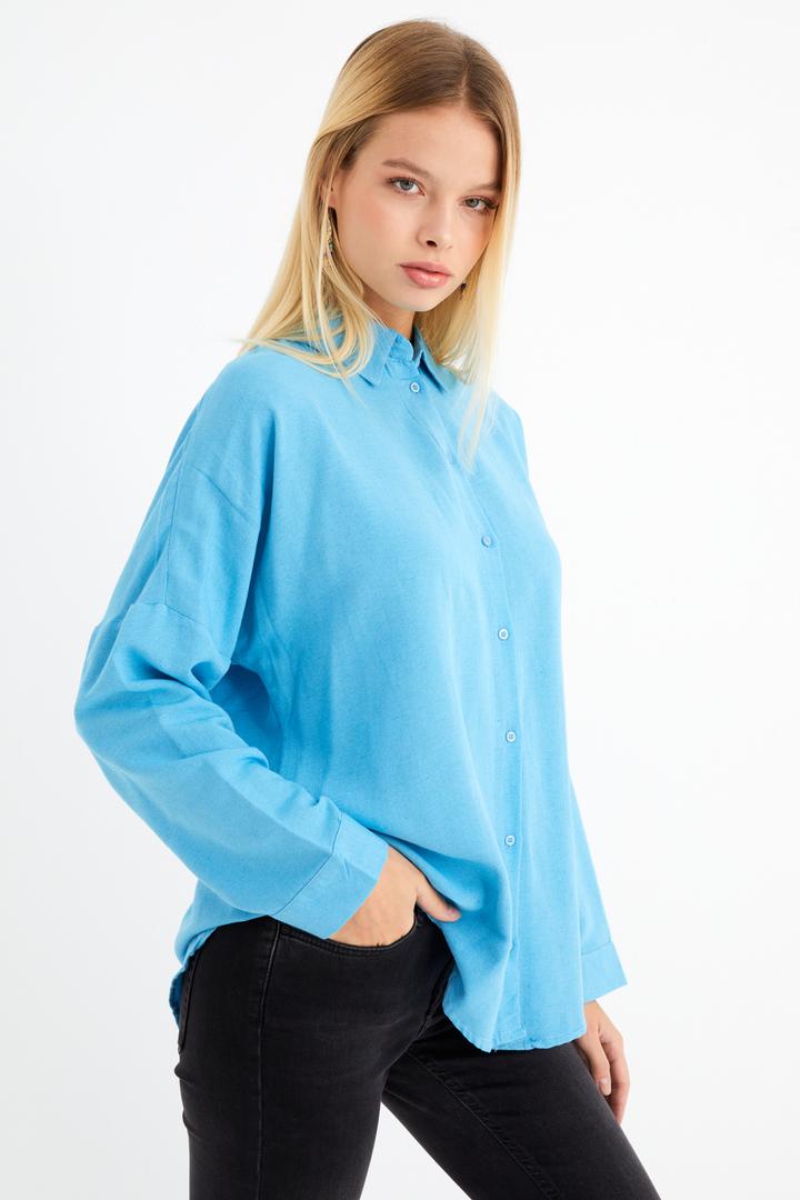 Ecrou Kadın Mavi Oversize Basic Keten Gömlek