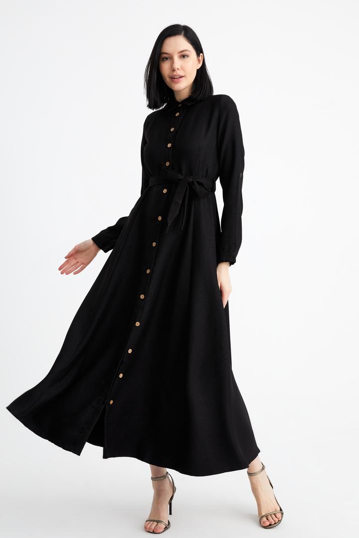 Ecrou Kadin Siyah Gömlek Yaka Uzun Gömlek Elbise
