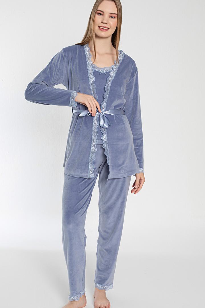 Ecrou Mavi Soft Kadife Truvakar Kol İp Askılı Pantolon 3Lü Pijama Takım