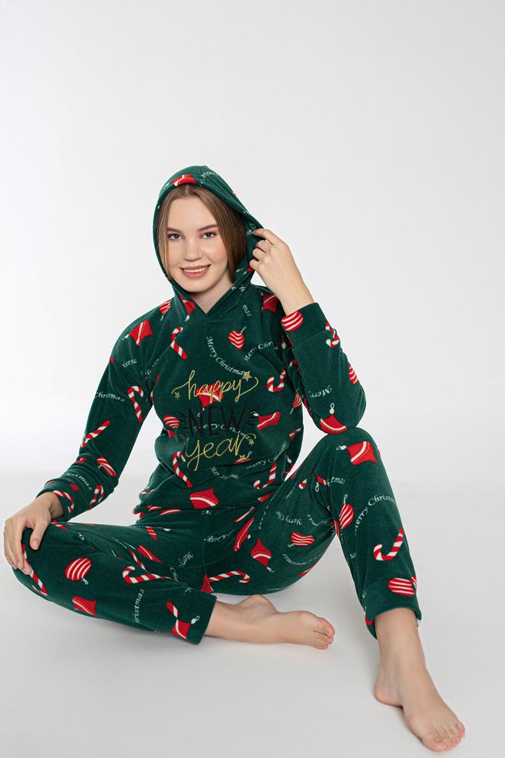 Ecrou Kadın Yeşil NEW Yılbaşı Kapüşonlu Pijama Takım