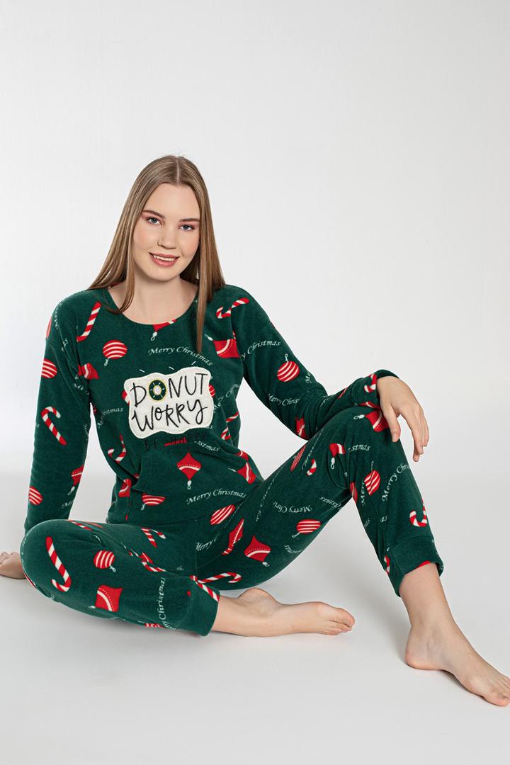 Ecrou Kadın Yeşil DONUT Yılbaşı Kanguru Cep Pijama Sweat Takım