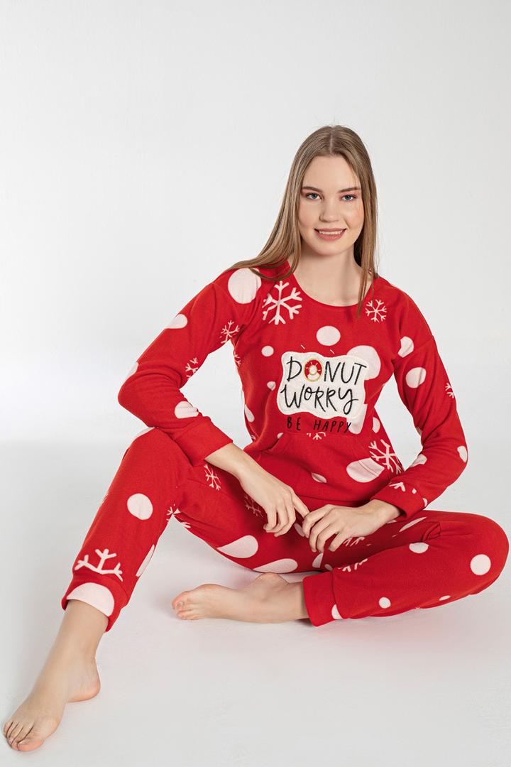Ecrou Kadın Kırmızı DONUT Yılbaşı Kanguru Cep Pijama Sweat Takım